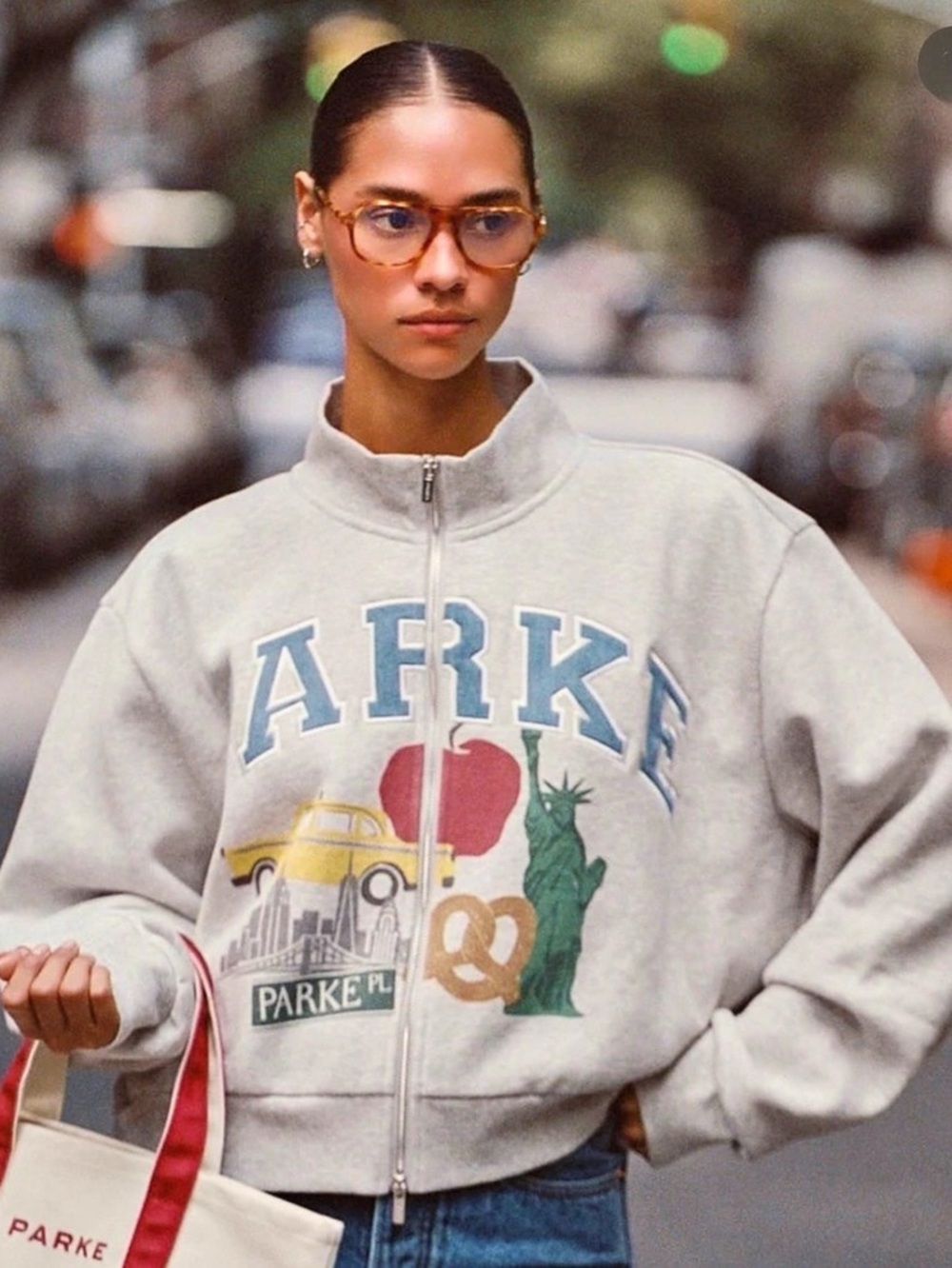 Parke NYC Pop-Up Graphic Zip-Up Mockneck Sweatshirt in Gray & Blue Size S/M